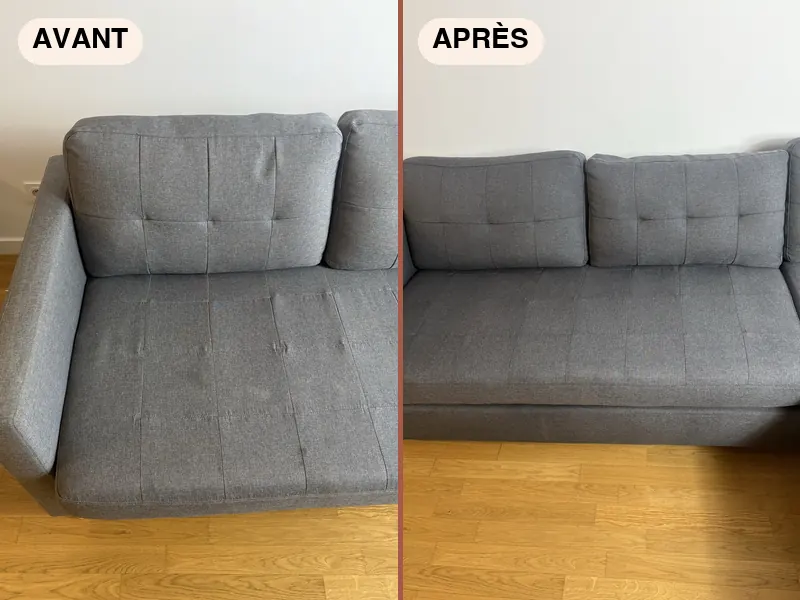 Assise de canapé en tissu gris avant et après détachage à Strasbourg