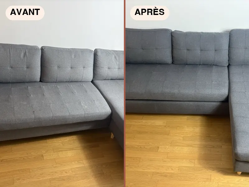Canapé d'angle avant et après un nettoyage à domicile