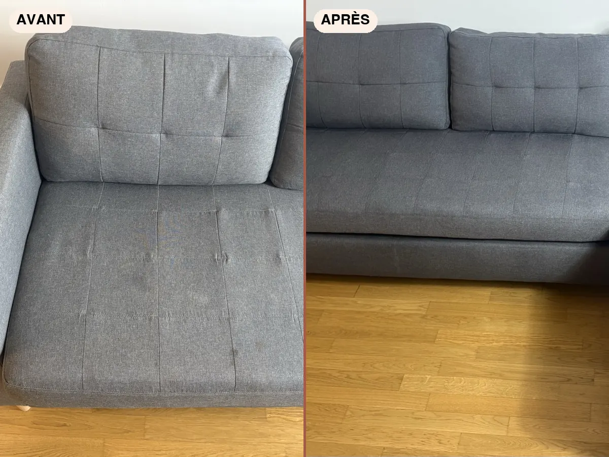 Canapé en tissu avant et après un nettoyage par injection-extraction à domicile à Strasbourg