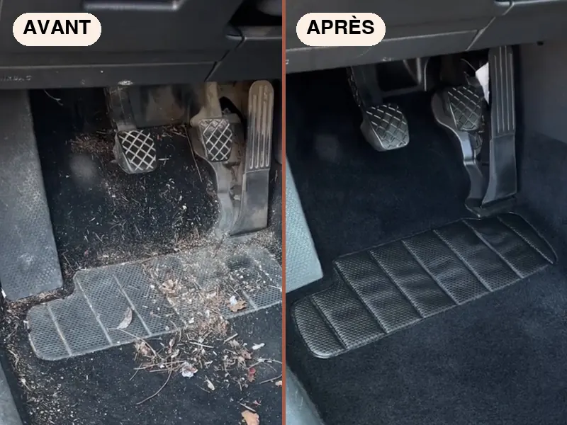 Tapis de sol et pédalier d'une voiture avant et après nettoyage à domicile