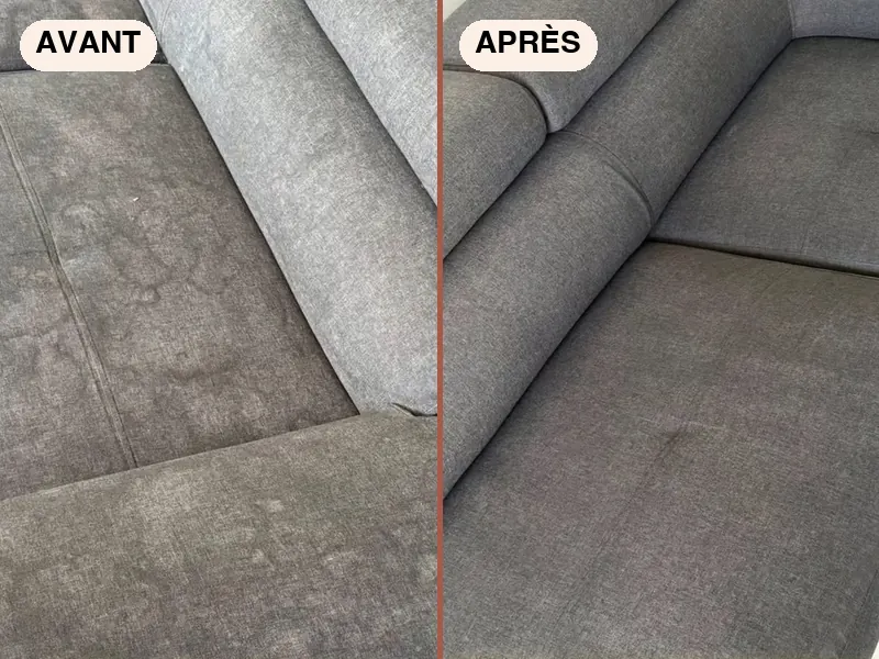 Canapé d'angle gris en tissu avant et après nettoyage des taches